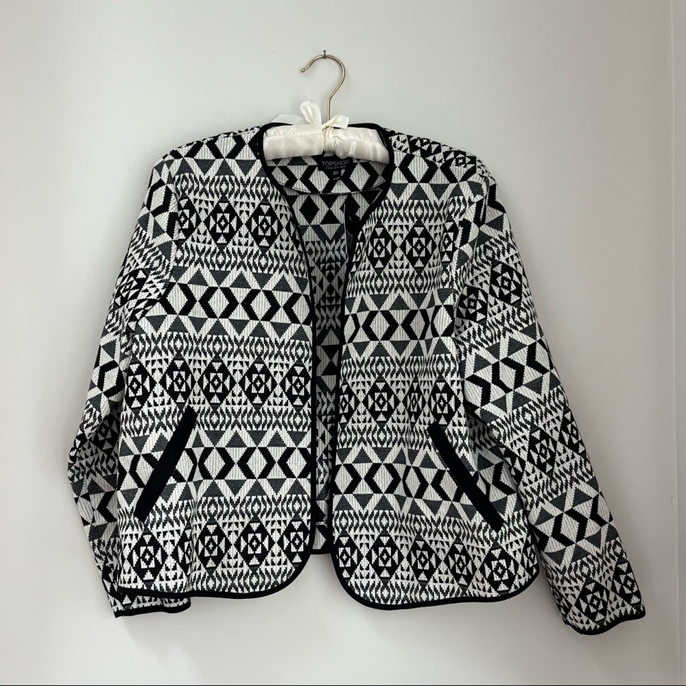 Topshop black and white pattered cropped jacket.